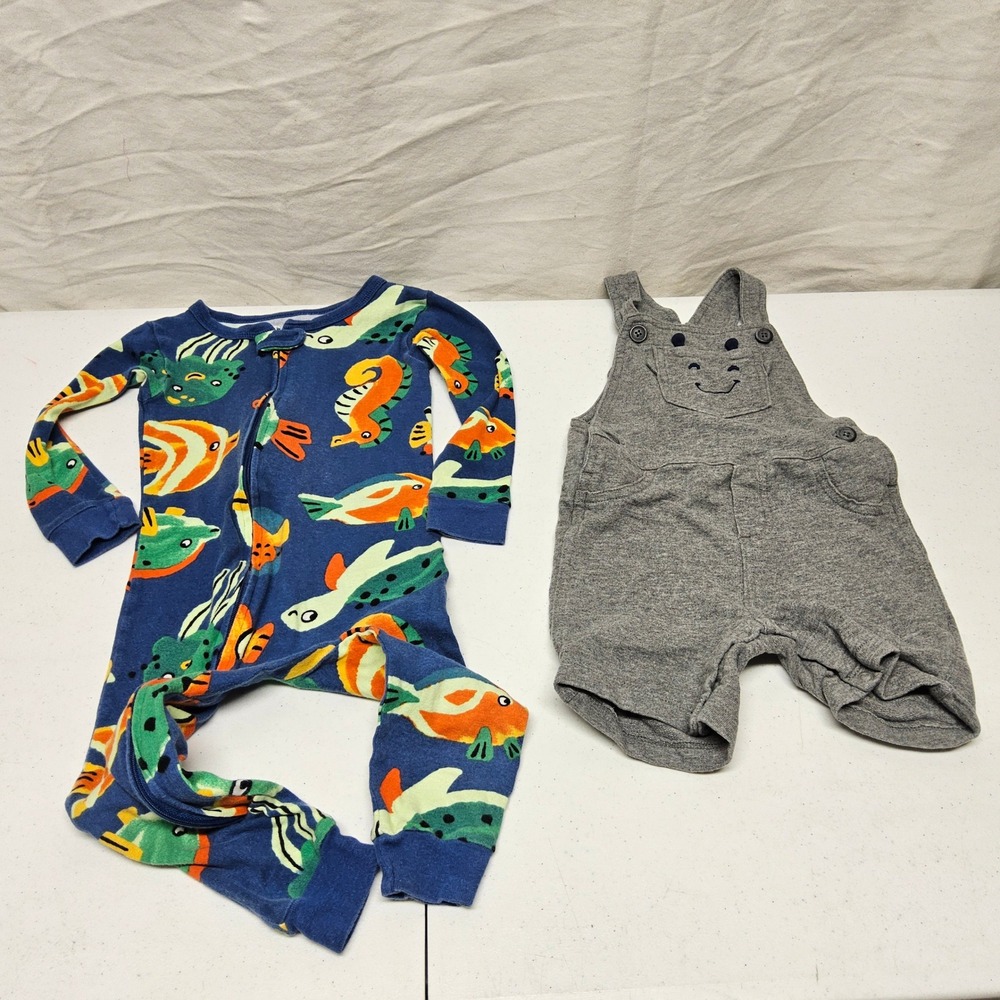 Carter's Pajama Romper Overalls Set Toddler 2T Blue Gray Fish Print Cotton